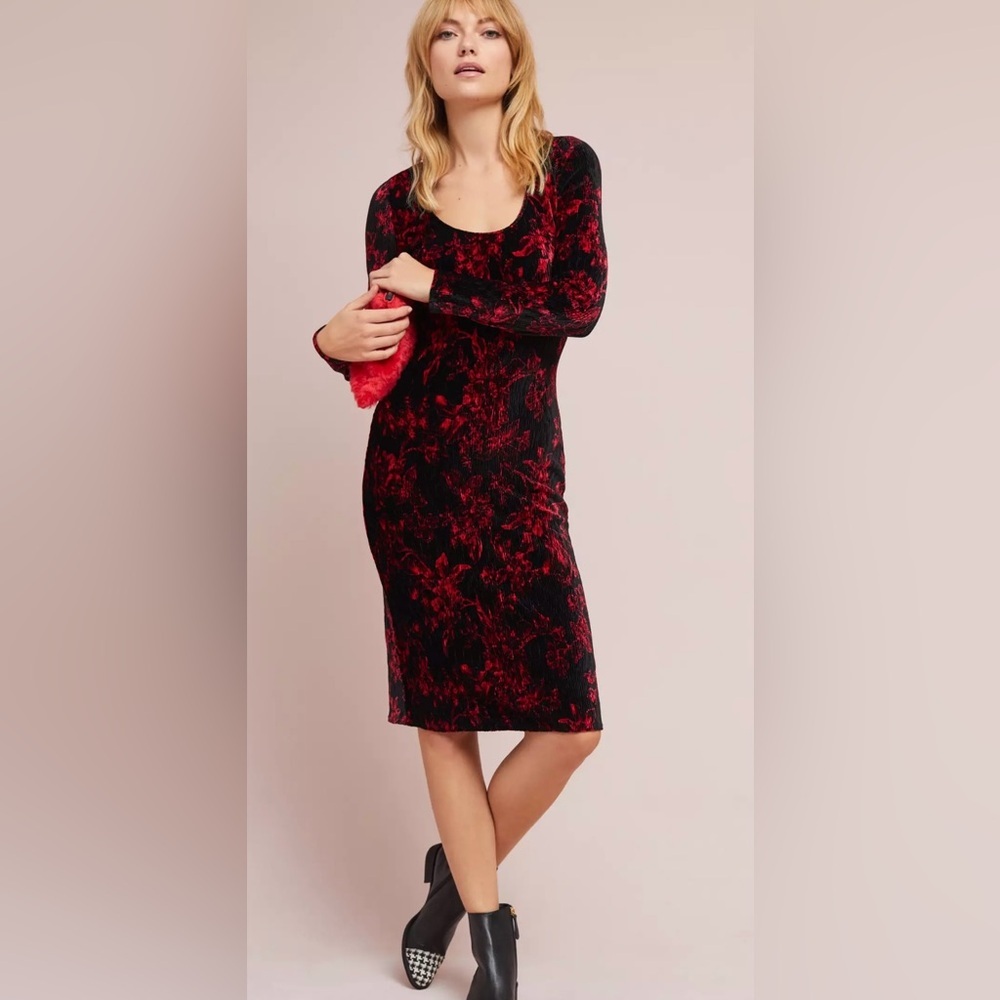 HD in Paris red & black ribbed velvet long sleeve scoop neck midi dress